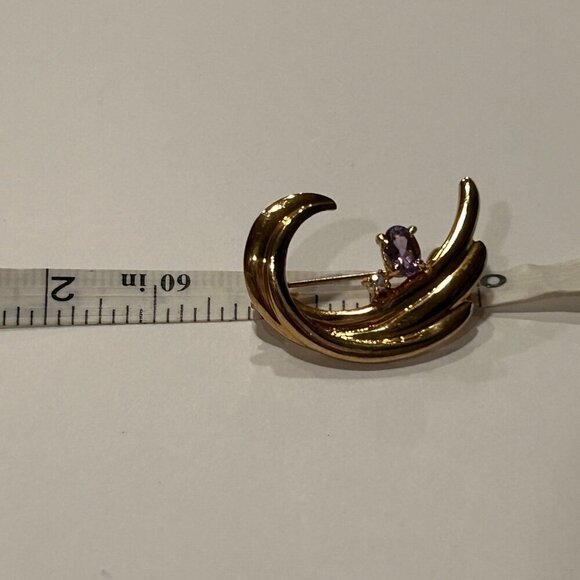 Purple Amethyst Diamond Swirl Brooch Gold Tone Vintage Signed Korea Mid Century - Picture 8 of 8